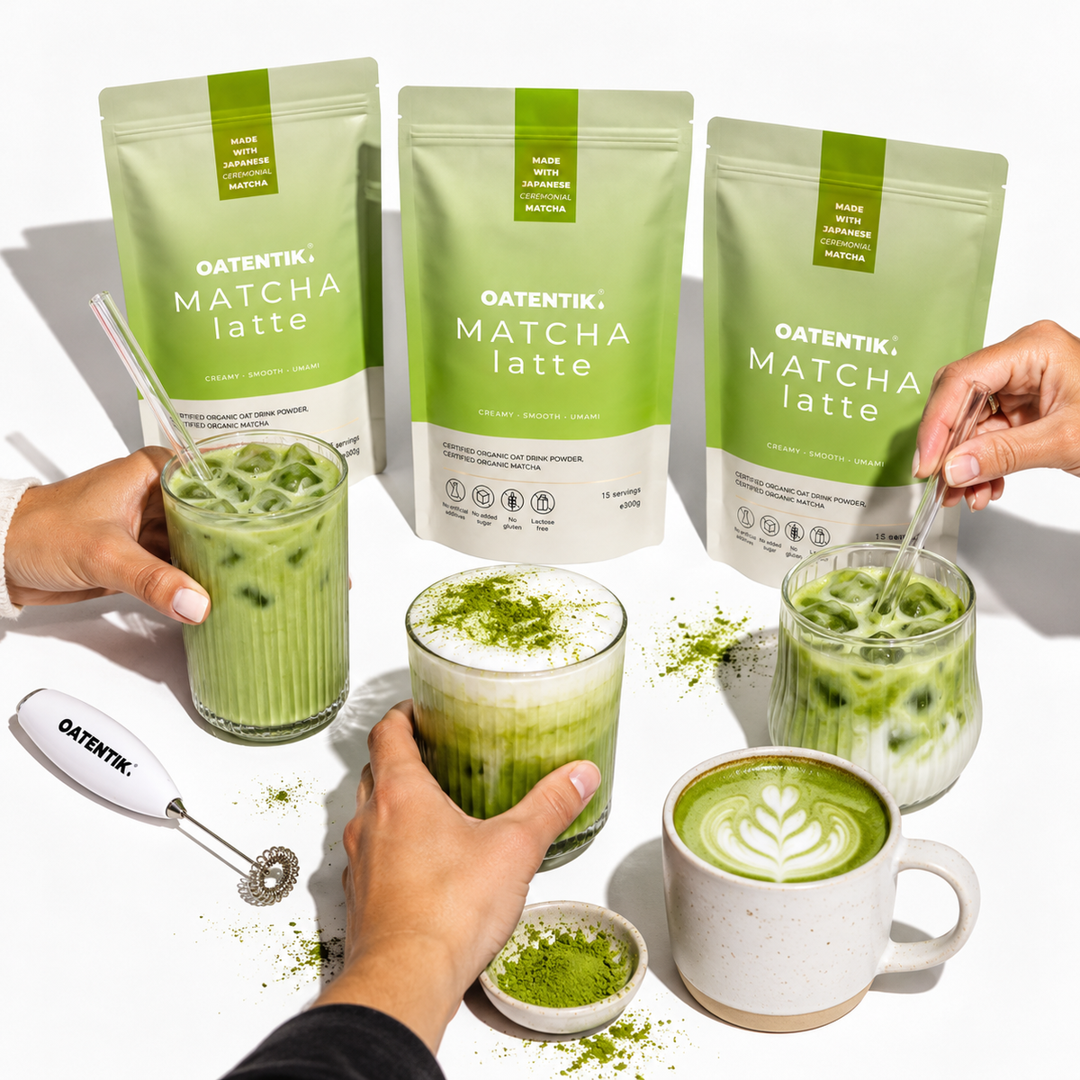 OATENTIK Matcha Latte pouches with iced and hot matcha lattes