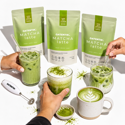 OATENTIK Matcha Latte pouches with iced and hot matcha lattes