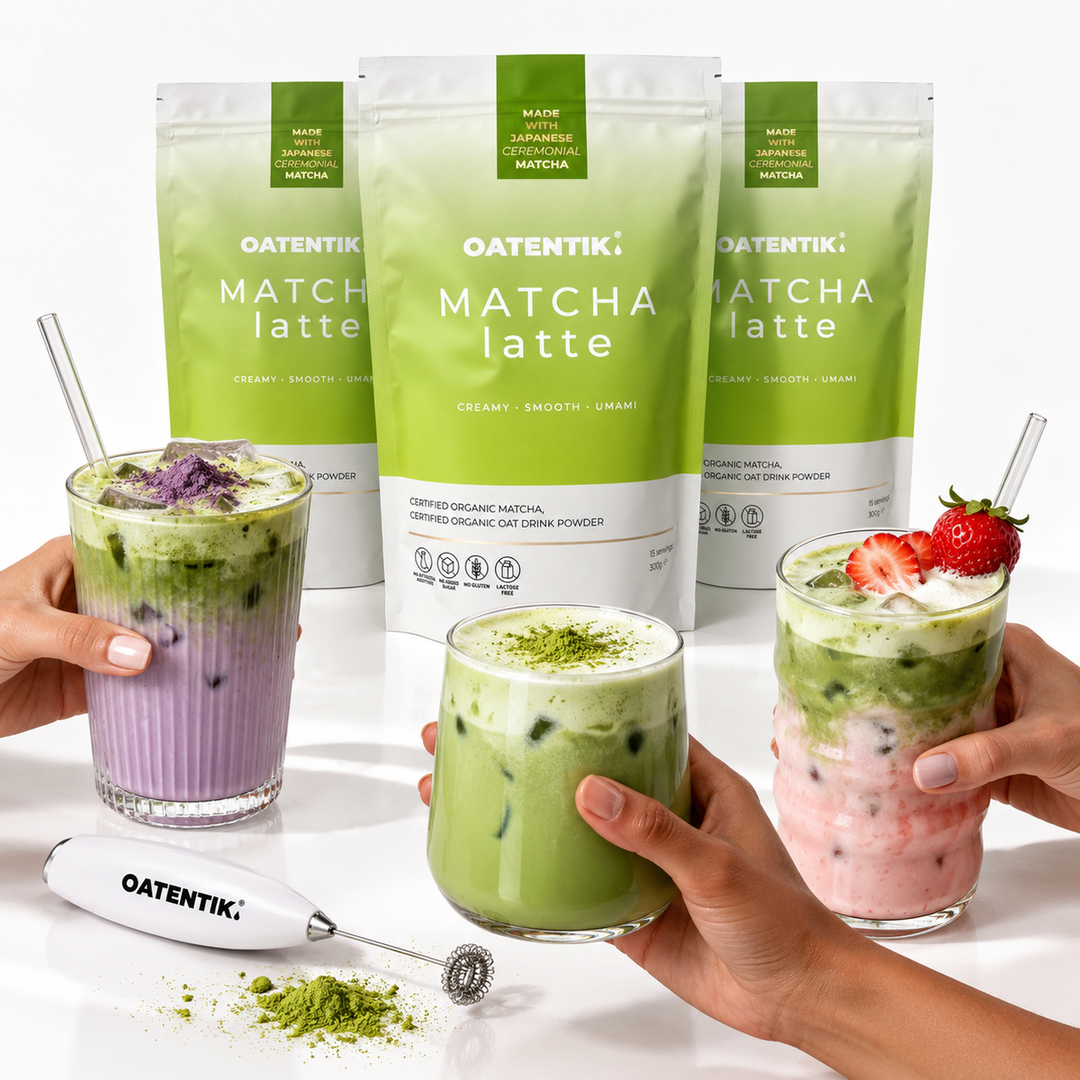 Creamy OATENTIK oat matcha latte with barista-style foam