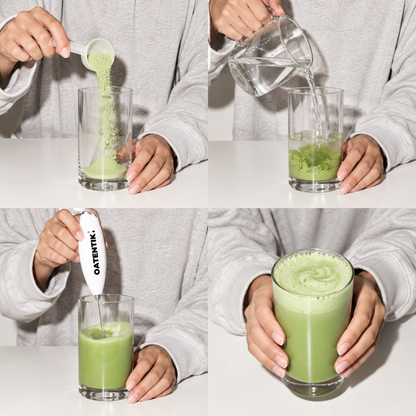 Preparing OATENTIK oat matcha latte with water